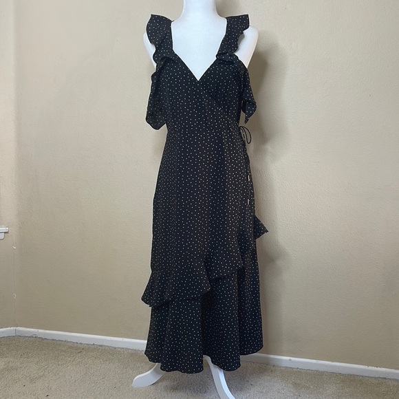 SAYLOR Black Beige Polka Dot V Neck Ruffle Sleeveless Midi Dress Size Medium - Picture 1 of 8